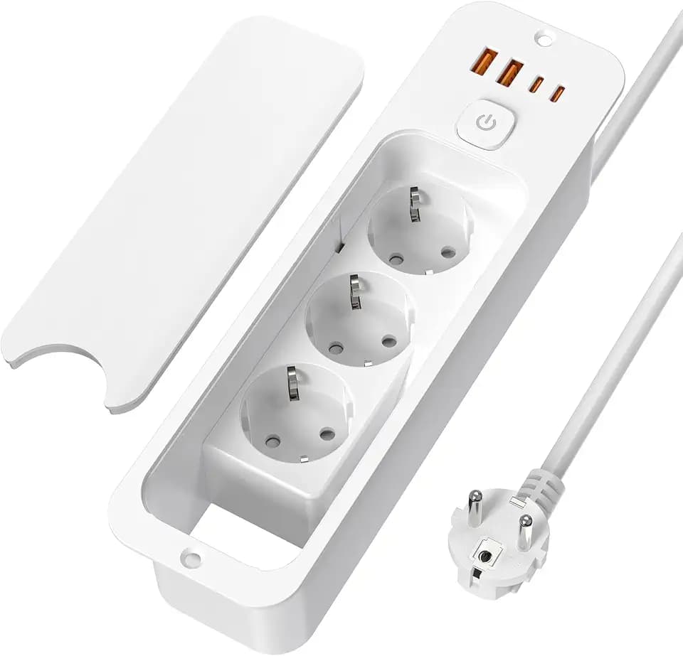 Einbausteckdose 3-Fach mit Deckel, 4 USB (PD 20W) für Tischplatte