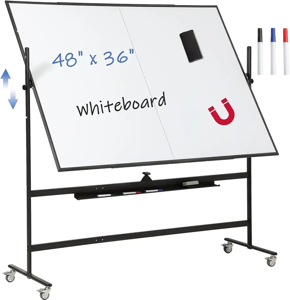48x36 Magnetic Mobile Whiteboard on Wheels, Double Sided Dry Erase, Black