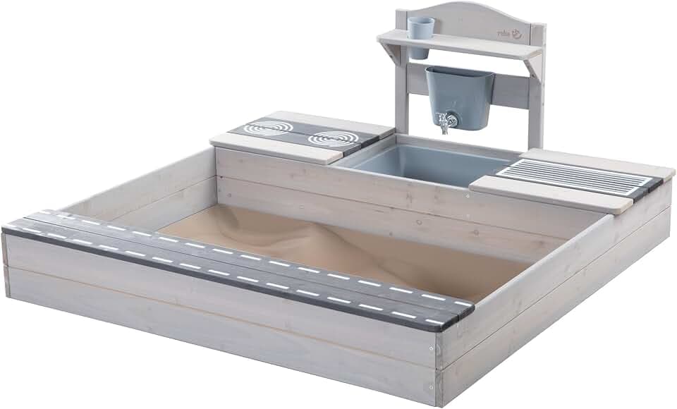 roba Sandkasten aus Holz mit integrierter Matschküche - FSC-zertifiziertes Massivholz - Sandkiste für Kinder ab 12 Monaten - Grau lasiert
