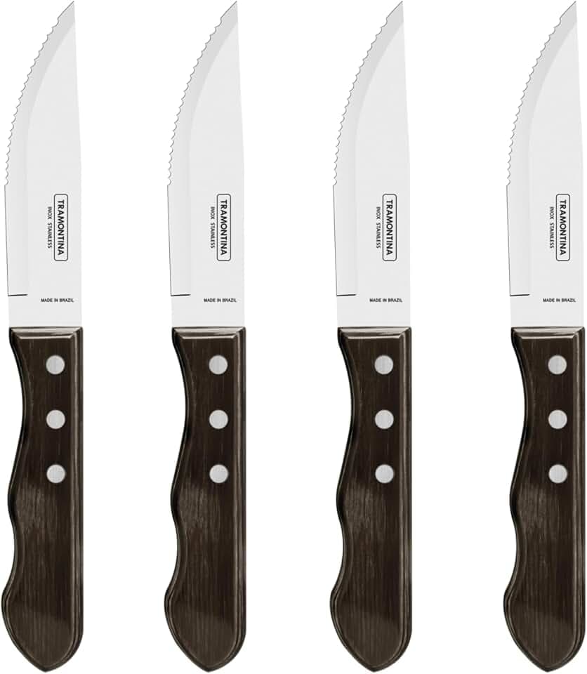 Tramontina JUMBO 4 Steakmesser, Wellenschliff, rostfreier Edelstahl, scharf, spülmaschinenfest, FSC-zertifizierte Holzgriffe, ergonomisch, 4-teiliges Set, Messerset, Griff-Farbe braun