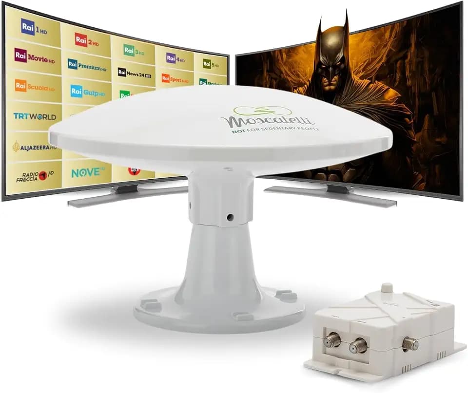 MOSCATELLI Omnidirektionale terrestrische DVB DVBT2 Outdoor Camping Antenne für Wohnmobile und Wohnwagen - 12/24/220V - Kit mit Kabeln, Verstärker und LTE Filter. Wasserdicht, UV-Schutz
