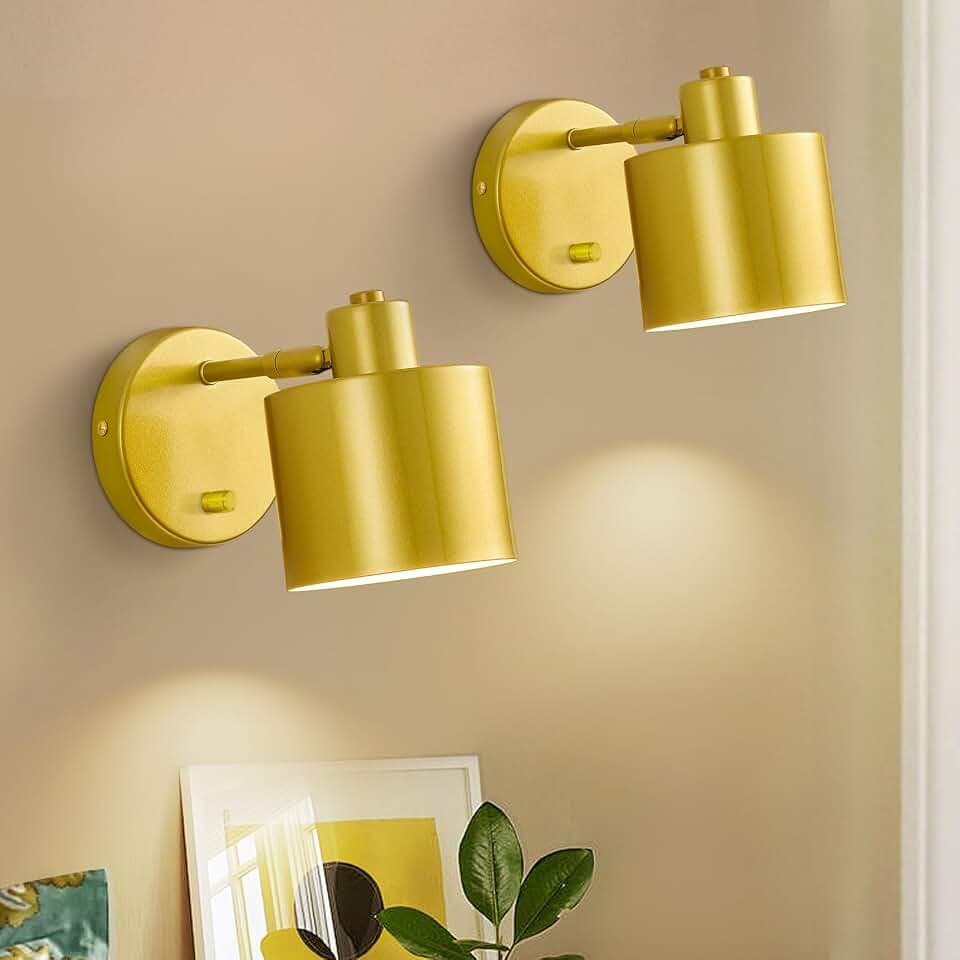 Wandleuchte Innen Wandlampe mit Schalter Dimmbarem Wandlampe Innen mit 350° Drehbar E27 Wandleuchte Industrial Wandstrahler Innen für Wohnzimmer Schlafzimmer Flur Golden
