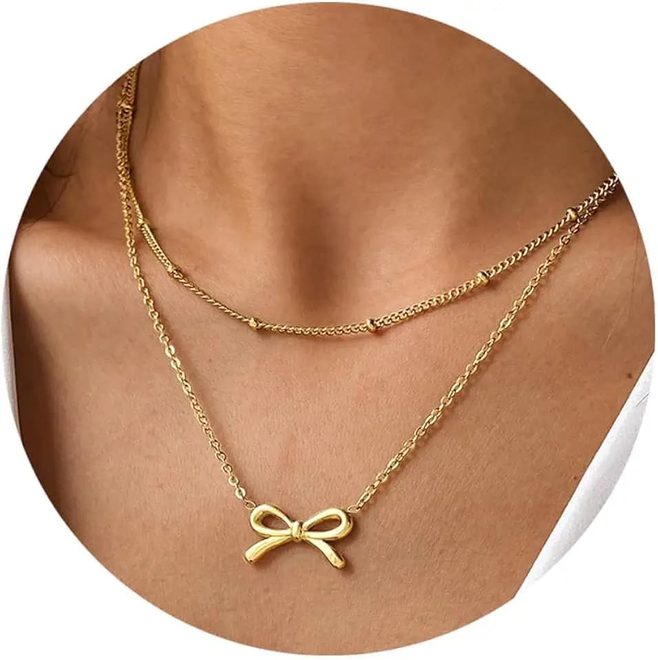 Dainty Layered Necklace for Women 18k Golden Plated Cross Bow Pendant Necklace Cute Cross Bowknot Charm Choker Layered Necklaces Birthday Christmas Faith Jewelry Gifts for Friends Mom Daughter Sister