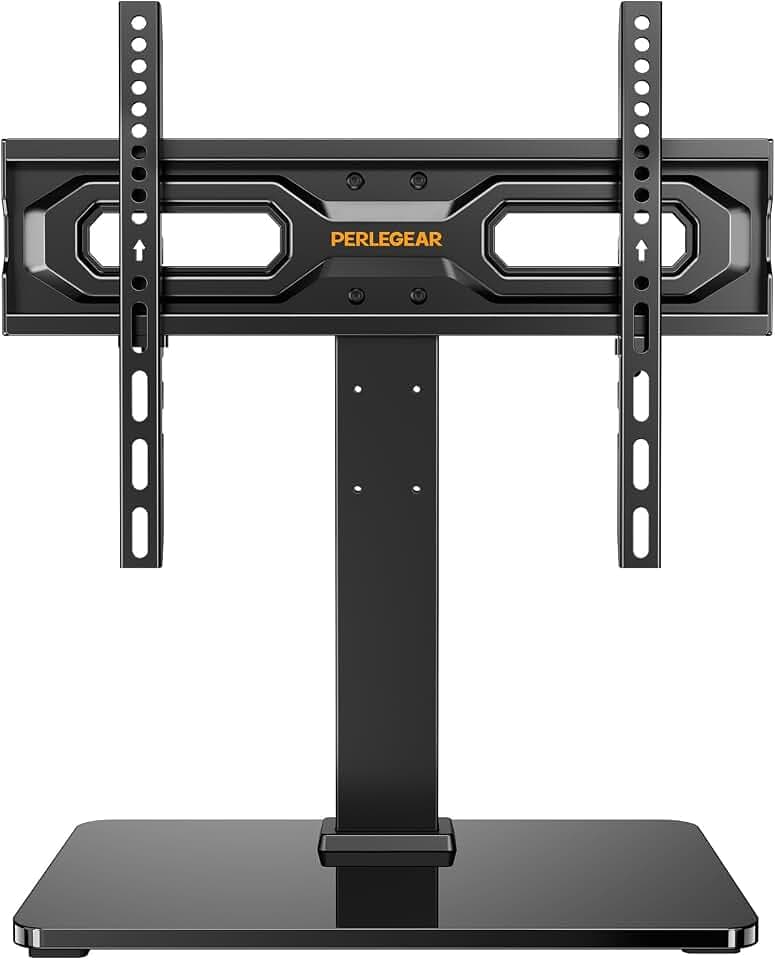 Perlegear Tabletop TV Stand, Universal TV Stand for 23–60 Inch LCD/LED/OLED TVs, Height-Adjustable TV Mount Stand with Tempered Glass Base & Cable Management, VESA 400x400mm, PGTVS02 ﻿