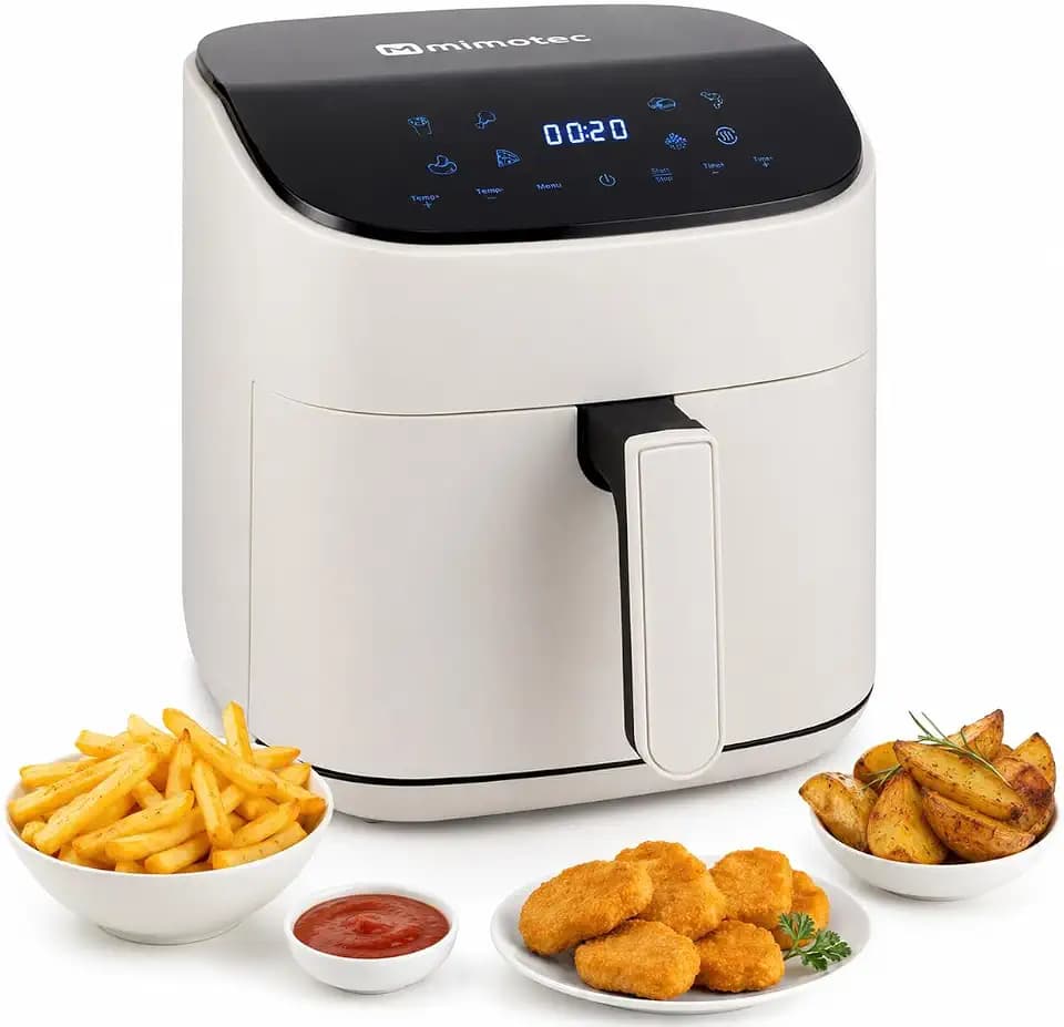 M mimotec-Air Fryer White Sara Touch 6,5l, Luftfritteuse ohne Öl, 1600W, 8 digitale Menüs, Touchscreen, Grillfunktion, einstellbarer Timer, Temperatur 80-200°C, leicht und gesund