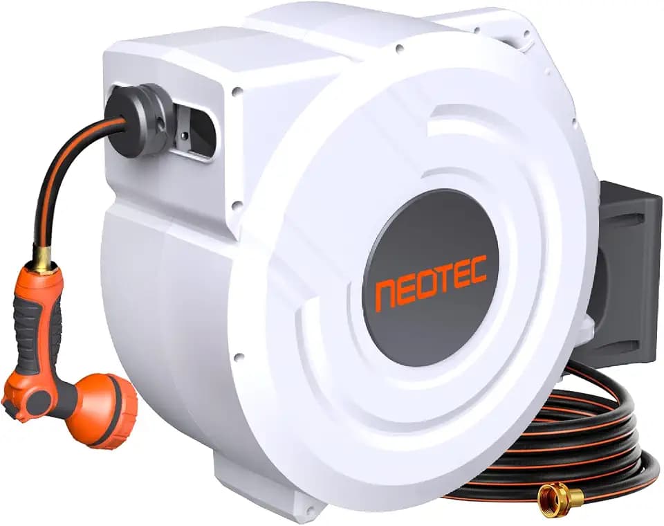 5/8 Inch 100ft Retractable Garden Hose Reel with Any-Length Lock Slow Auto Rewind Heavy Duty Hose Reel With 9-Pattern Nozzle 180° Swivel Bracket UV Resistant Wall Mounted Hose Reel for Outside