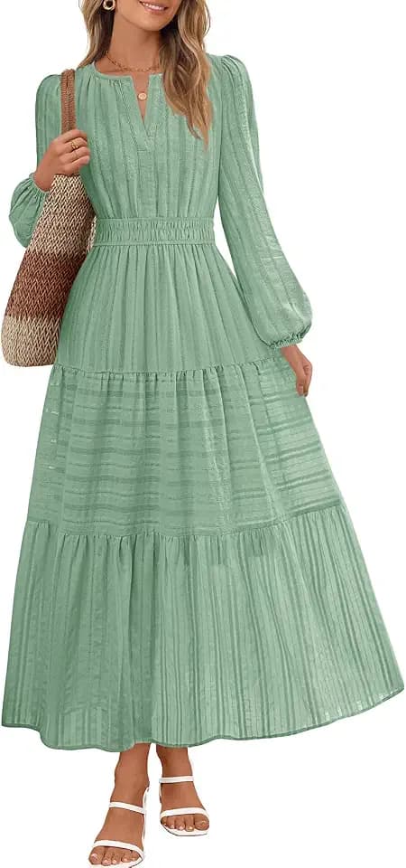 MEROKEETY Womens Fall Puff Long Sleeve Casual V Neck Modest Midi Maxi Dress