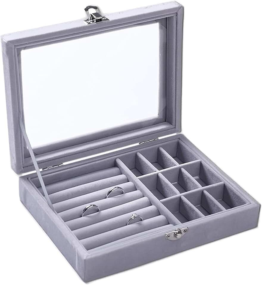 9 Gitter Ohrring Aufbewahrungsbox, Multifunktionsschlitz Schmuckschatulle, Damen chmuckkästen Glasdeckel Schloss.(Grau)