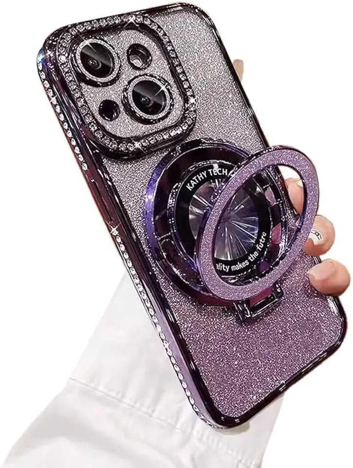 Bling Glitter Phone Case Compatible with iPhone 14 Plus, Kickstand Camera Lens Protector Soft Cover Sparkling Rhinestone Case (Purple)