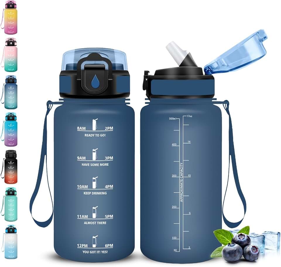 Trinkflasche, 500ml Trinkflasche Kinder, Wasserflasche mit Strohhalm, Flasche mit Strohhalm, Leicht zu Reinigen, Wasserflasche Auslaufsicher, mit Zeitmarkierung, für Schule, Reisen, Running, Yoga