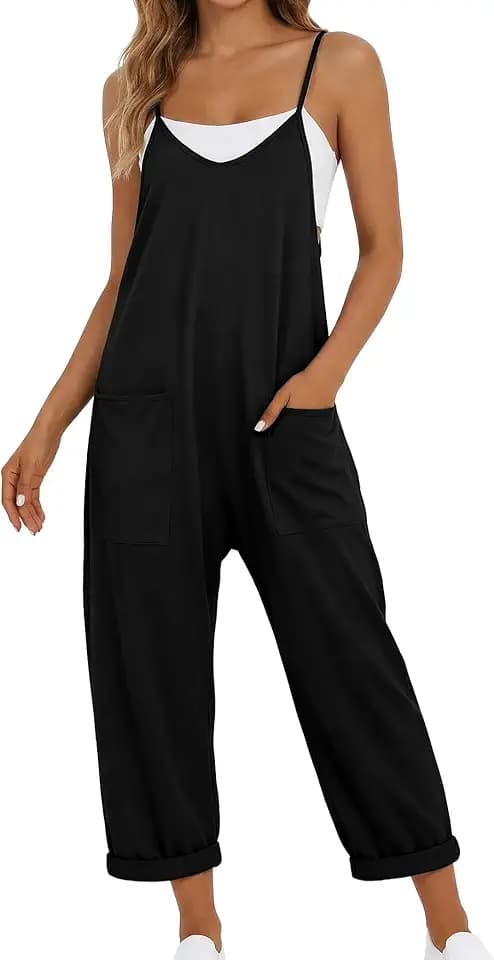 Buauty Jumpsuits for Women Casual V Neck Sleeveless Baggy Overalls Spaghetti Strap Jumpers with Pockets Summer Romper Clothes