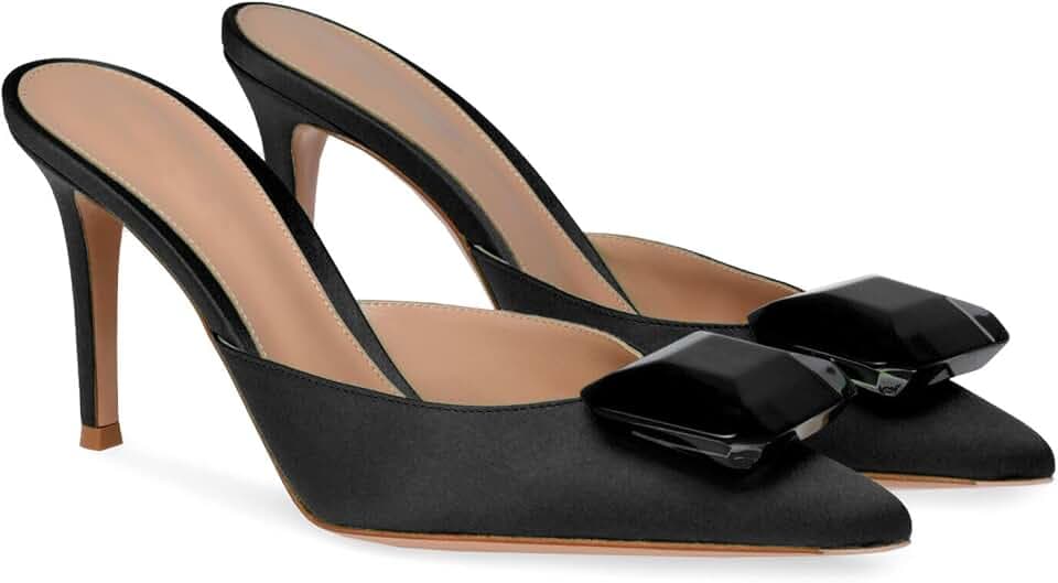 Woman Heeled Mules Rhinestone Pointy Closed Toe Sandals Kitten High Heels Sandals Summer Slip on Mule Heels Bridal Dress Shoes