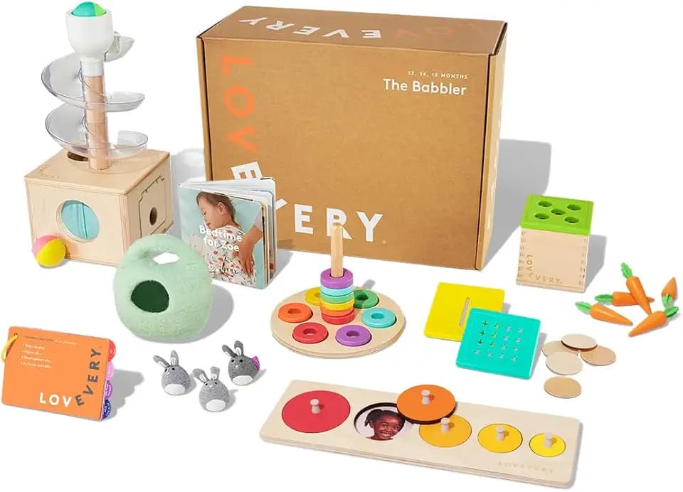Lovevery | The Babbler Play Kit, Birthday Play Kit, Montessori Toddler Toy, 8 Play Products, 1 Board Book, and Play Guide (Best Birthday Gift for 1 Year Old), Medium