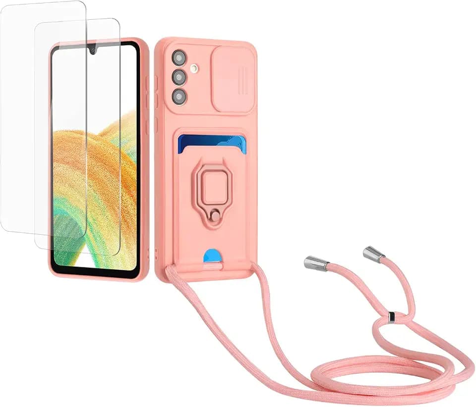 Case für Samsung Galaxy A34 5G Handykette Hülle+[2 Schutzfolie Glas],Slide kameraschutz,Silikon Handyhülle zum Umhängen Kette,Kartenfach-Rosa