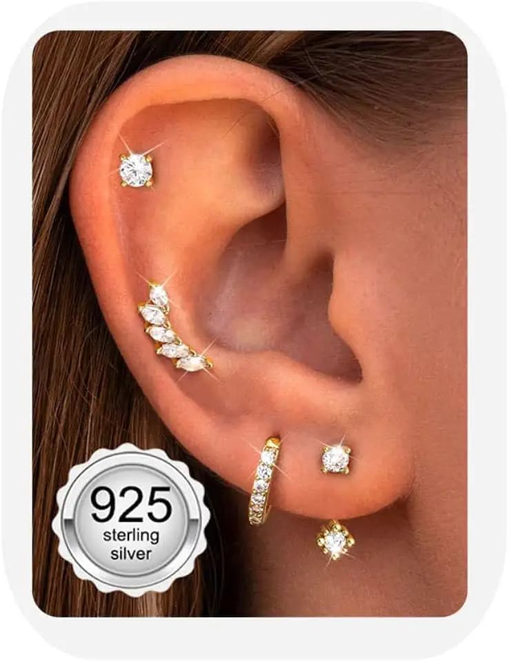 JeweBella 4 Paar Ohrringe Silber 925 für Damen Mädchen 14 Karat Vergoldete Ohrstecker Silber 925 Creolen Gold Hypoallergen Klein Ohrringe Hängend Zirkonia Ohrringe Set für Mehrere Piercings