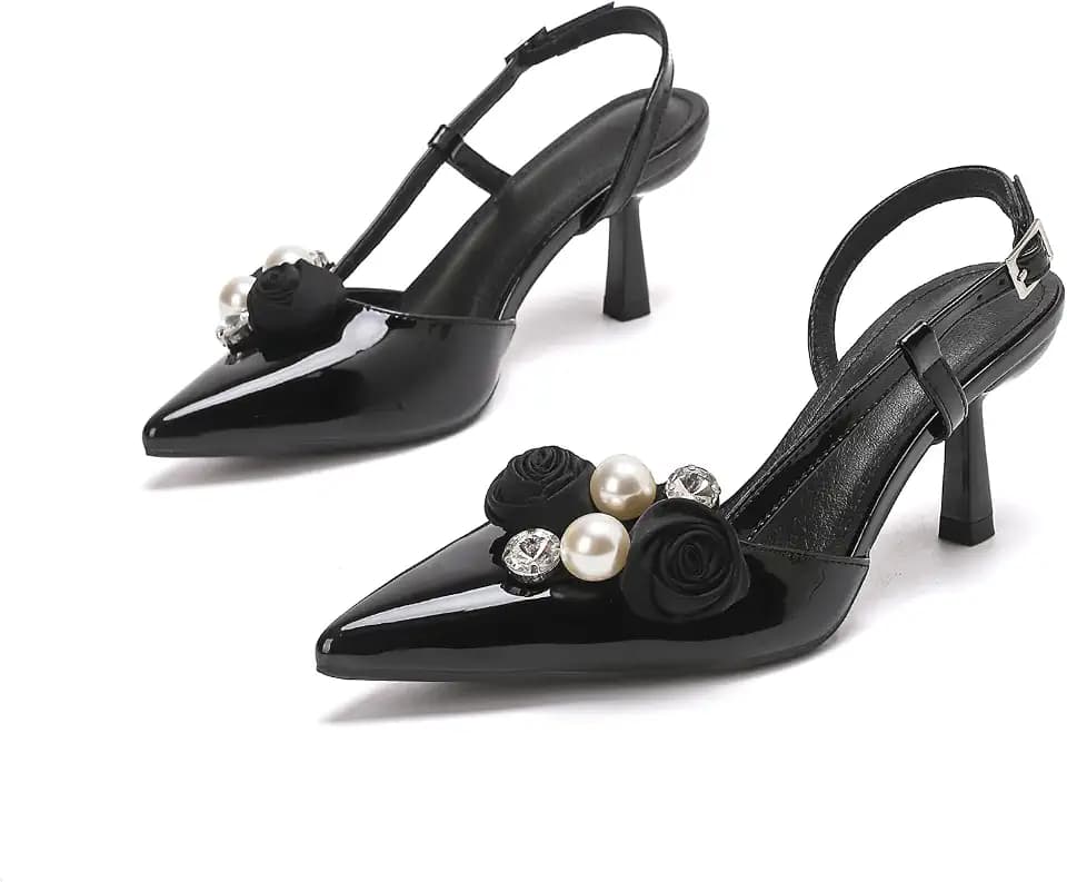 Jeesay Women's Kitten Heels Slingback Pumps Pointed Toe Pearl Flower Backstrap High Stiletto Heels Sandals Wedding Dress Shoes