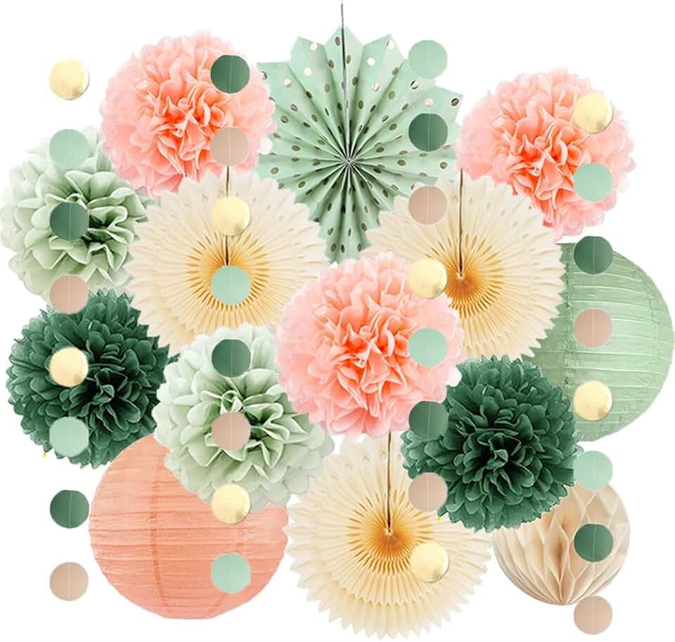 Pfirsich Party Deko Salbeigrün Rosa Deko Apricot Pfirsich Pompons Deko Salbei Papierlaterne Party Deko Olivgrün mit Kreisgirlande für Geburtstag Babyparty Hochzeitsdeko Brautdusche JGA Frau