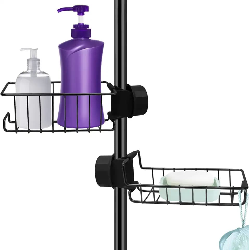 Duschablage ohne Bohren Schwarz, Duschablage für Duschstange 2 Stück, Edelstahl Duschstangen Ablage Duschkorb für 18-27mm Stange, Shampoo Halterung für Dusche, Schwammhalter Wasserhahn Küche