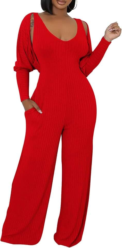 ECHOINE Women's 2 Piece Jumpsuit Set, Ribbed Wide Leg Romper with Cardigan