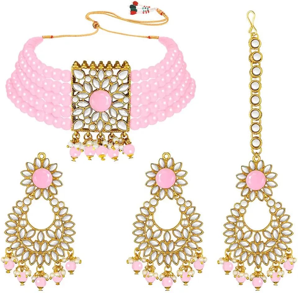 Aheli Jodha Akbar Faux Kundan Faux Pearl Choker Necklace with Earring Maang Tikka Indian Traditional Bollywood Bridal Jewelry Set Gift for Women