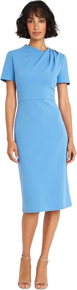 Maggy London Women's Chic Asymmetric Crew Neck Short Sleeve Below The Knee Womens Dresses