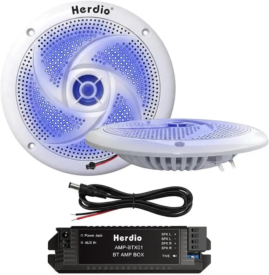 Herdio 5.25" Bluetooth Marine Speakers, Low Profile Slim Design with LED Lights, 160W 2-Way Weather Resistant Outdoor Audio, Suitable for Boat, RV, UTV, ATV, Golf Cart (2-Pack, White)