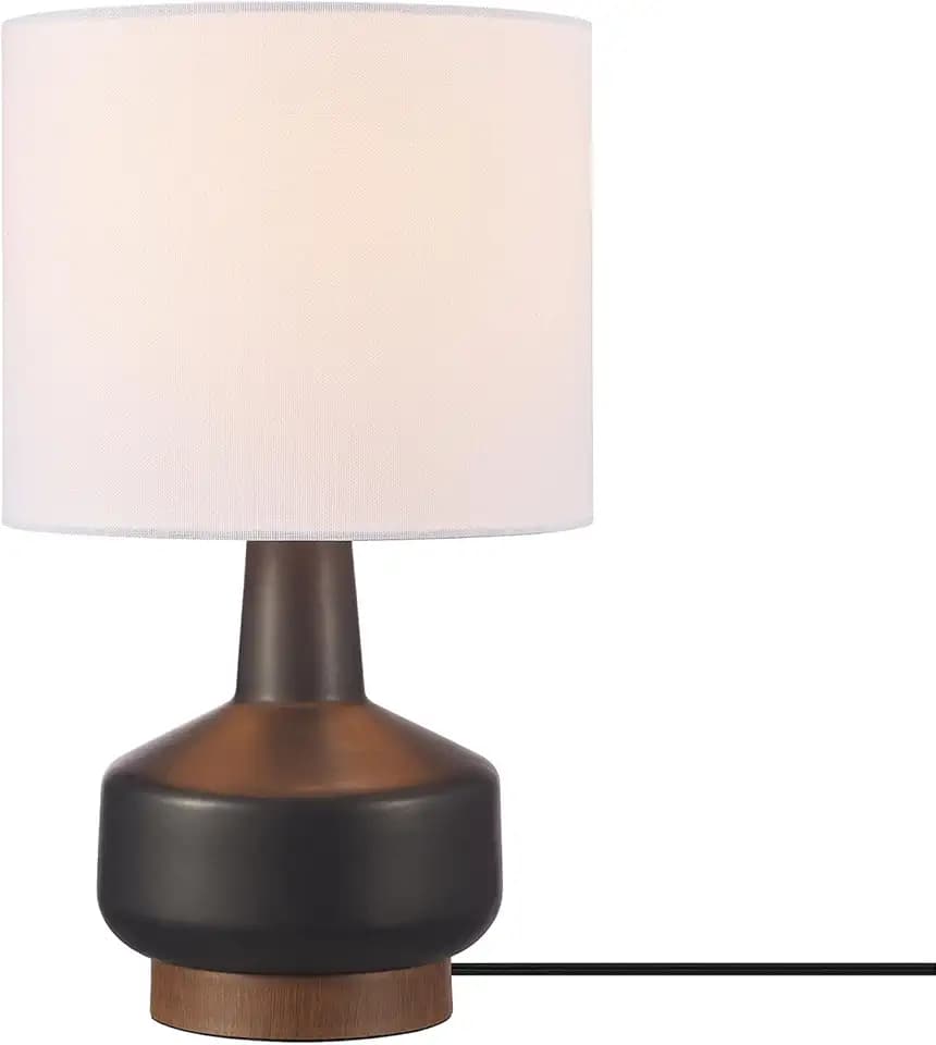 Globe Electric 15" Ceramic Table Lamp, Matte Black Base, Wood-Toned Accent, White Linen Shade, Dual Rotary Switch, Modern Bedroom or Office Lighting, 61000046