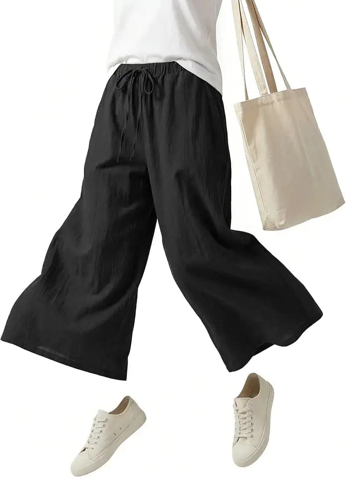 VZQI Women's Linen Blend Palazzo Pants High-Waist Wide Leg with Pockets & Drawstring for Beach Yoga Travel