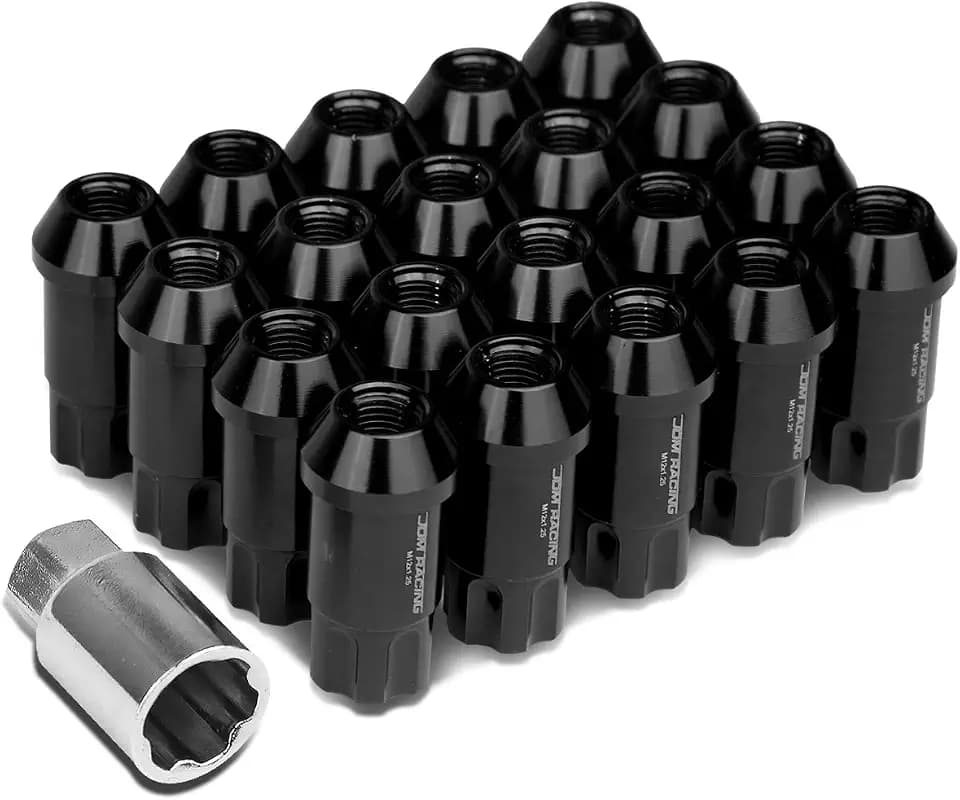 DNA MOTORING LN-ZTL-9024-15-BK Black Open End Style M12 x 1.5 Wheel Lug Nuts w/Lock Key, 25mm OD/ 50mm Height, 20 Pack