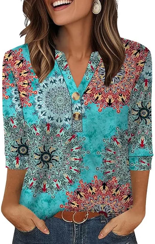 OFEEFAN Womens Tops 3/4 Sleeve Henley Shirts for Women Summer Outfits Fashion Clothing