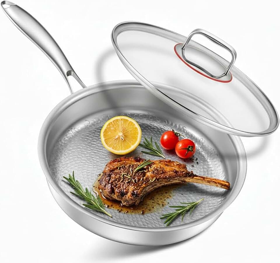 Edelstahlpfanne 26cm, Titan Pfanne mit Deckel, 18/10 Edelstahl Bratpfanne unbeschichtet ohne PFOA & PTFE mit Ergonomischer Griff für alle Herdarten geeignet, Spülmaschinen,Backofen bis zu 250°C