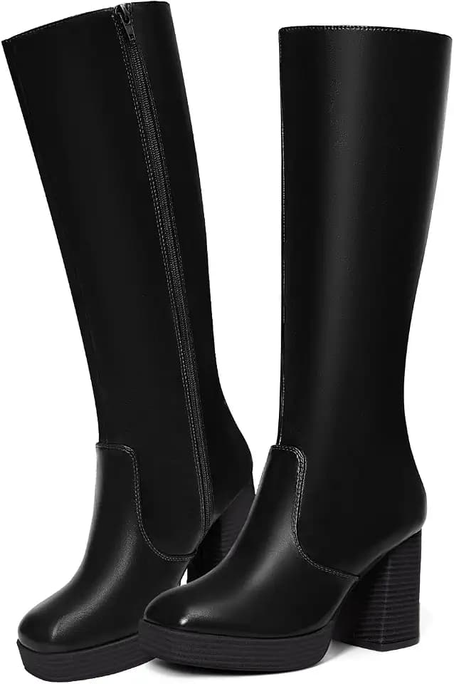 Coutgo Womens Platform Knee High Boots Chunky Block Heels Square Toe Tall Boots Side Zipper Fall Dress Shoes