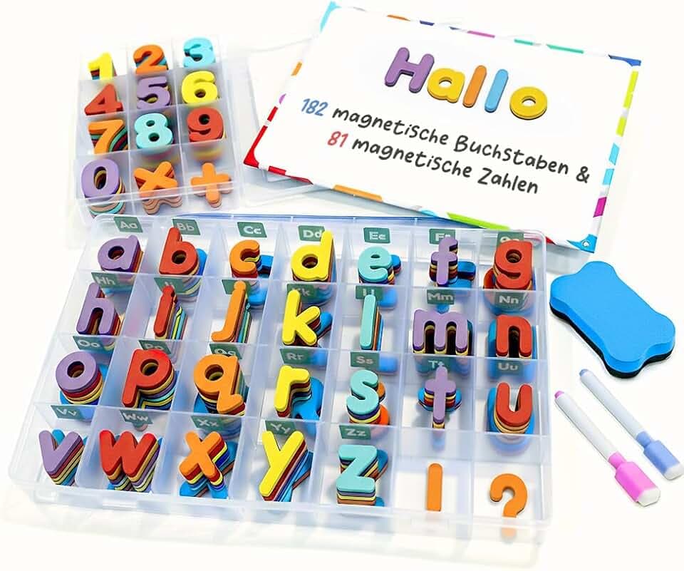 Magnetische Buchstaben und Zahlen für Kinder – Das komplette Set: 182 Buchstaben und 81 Zahlen sowie Symbole – Kühlschrankmagneten – Beinhaltet 2 Boxen, Magnettafel, Stifte und Löschschwamm