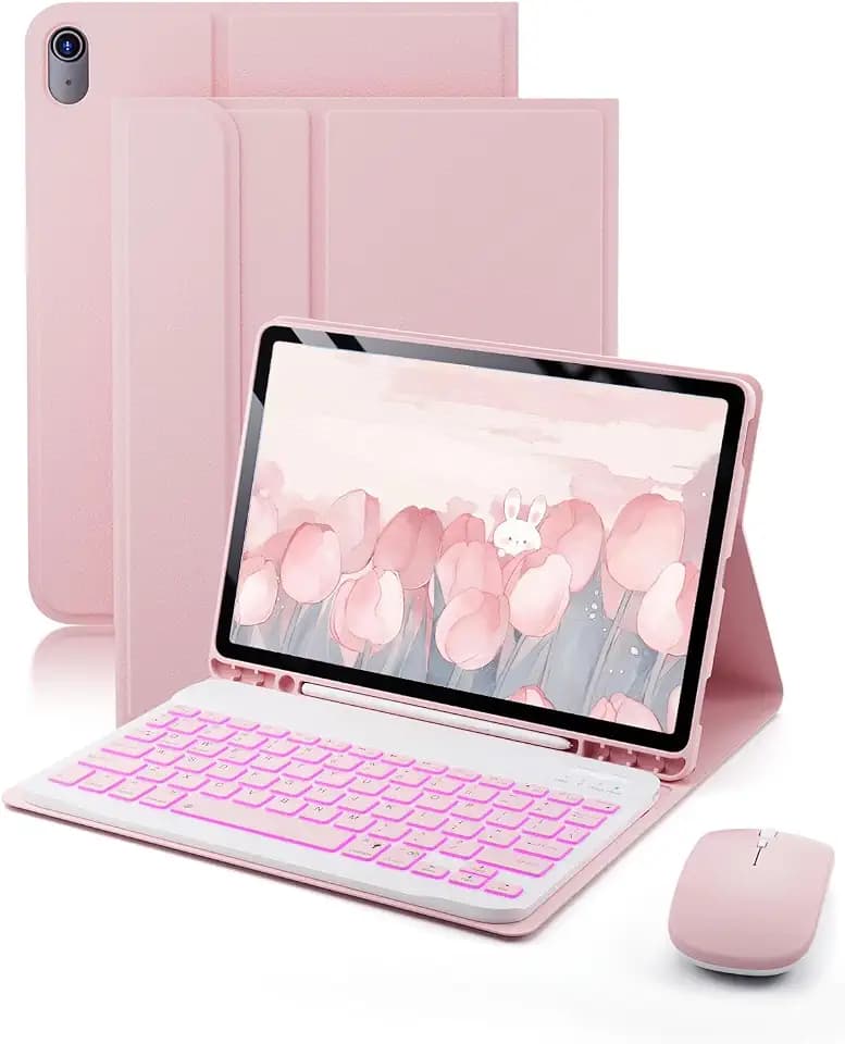 for iPad Air 11-inch/ 5th/ 4th Generation Case with Keyboard iPad Air 10.9/11-inch M4 M3 M2 Air 5 Air 4 Gen 2026/2025/2024/2022/2020 Magic Keyboard Backlit Built-in Pencil Holder with Mouse - Pink