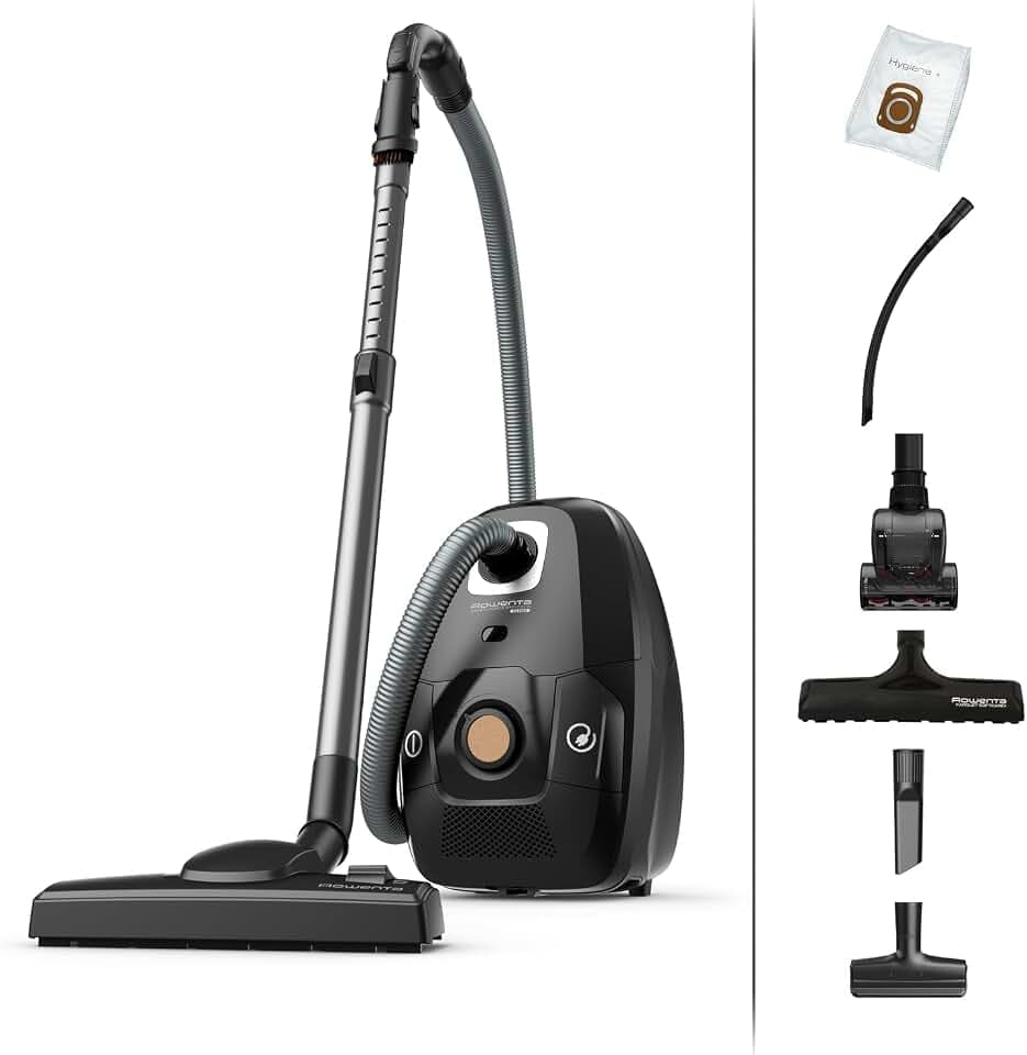 Rowenta Green Force Effitech Total Clean Bodenstaubsauger mit Beutel, 400 Watt, 4,5 L Staubbeutel, 99,98 Prozent HEPA-Filterung, 12 m Aktionsradius, kompaktes Design, inkl. Zubehör, Schwarz, RO6189