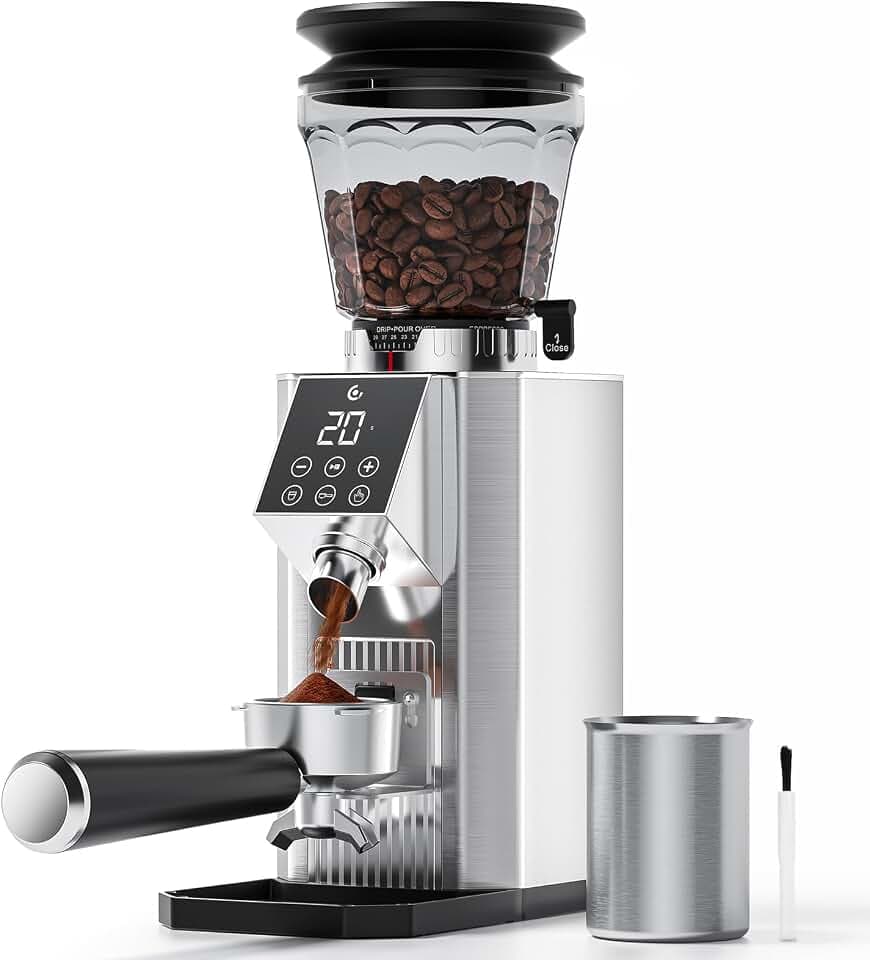 AMZCHEF Elektrische Kaffeemühle, 45 Mahlgrade, Edelstahl,Speicherfunktion