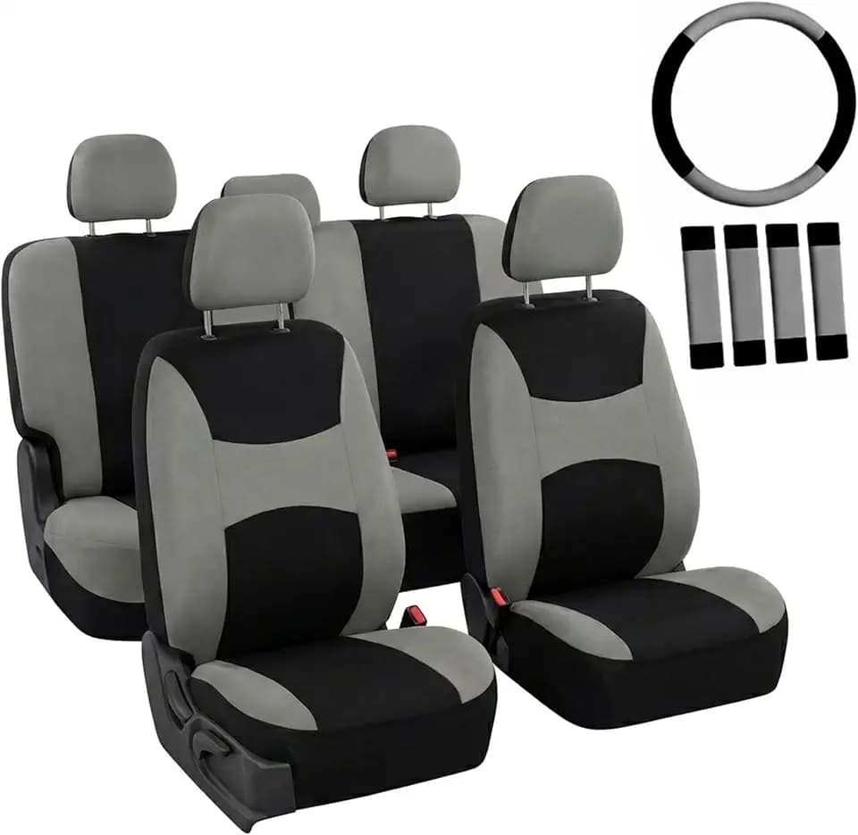 FH Group Universal Fit Gray Black Automotive Seat Covers Combo Set with Steering Wheel Cover and Seat Belt Pad fits Most Cars, SUVs, and Trucks (Airbag Compatible and Split Bench)