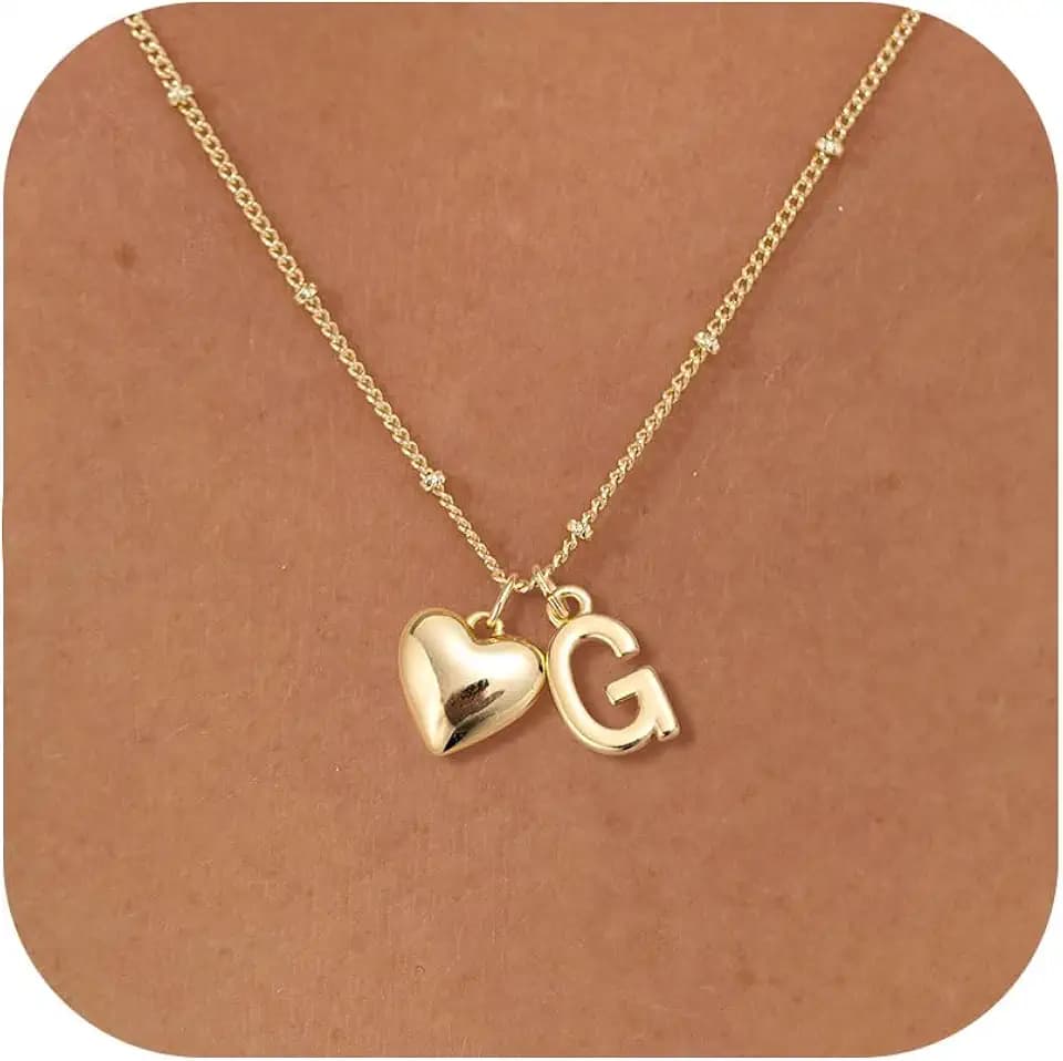 Kette mit Buchstaben, Silber/14K Vergoldet, A-Z & Herz Anhänger