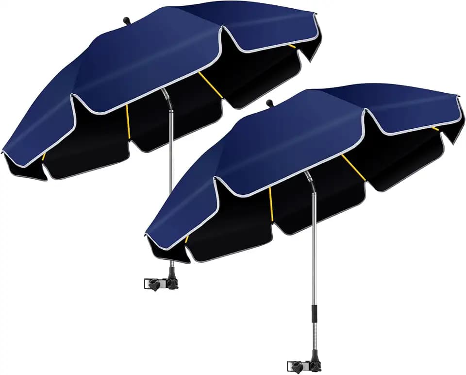 2-Pack 48.8" Chair Umbrella with Clamp, UPF50+ Sun Protection,360° Swivel Portable Clip-On Sun Shade for Beach Chair,Camping,Golf,Stroller,Wheelchair Hands-Free Shade,10-15% Extra Shade with Ruffle Edge