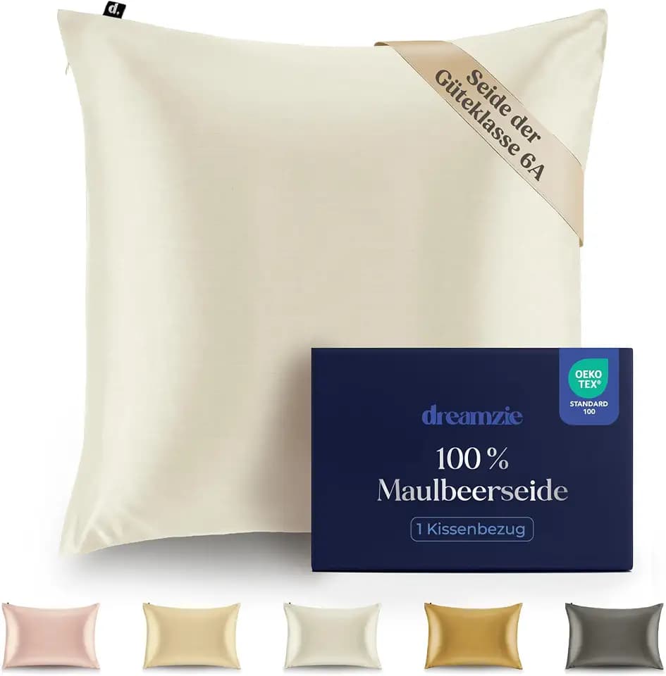 Dreamzie Seidenkissenbezug 100% Silk Pillowcase 22 Momme Güteklasse 6A - Oeko-Tex Zert. für Haar und Haut - 1 Stück - Weiß - 65 x 65 cm