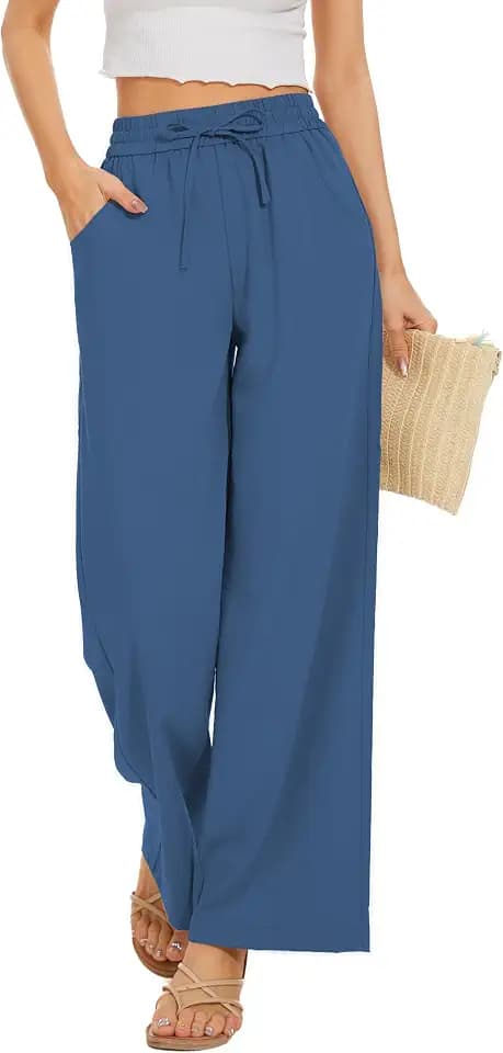 KICZOY Women Flowy Pants Drawstring Waist Wide Leg Palazzo Beach Pants Loose Fit with Pockets
