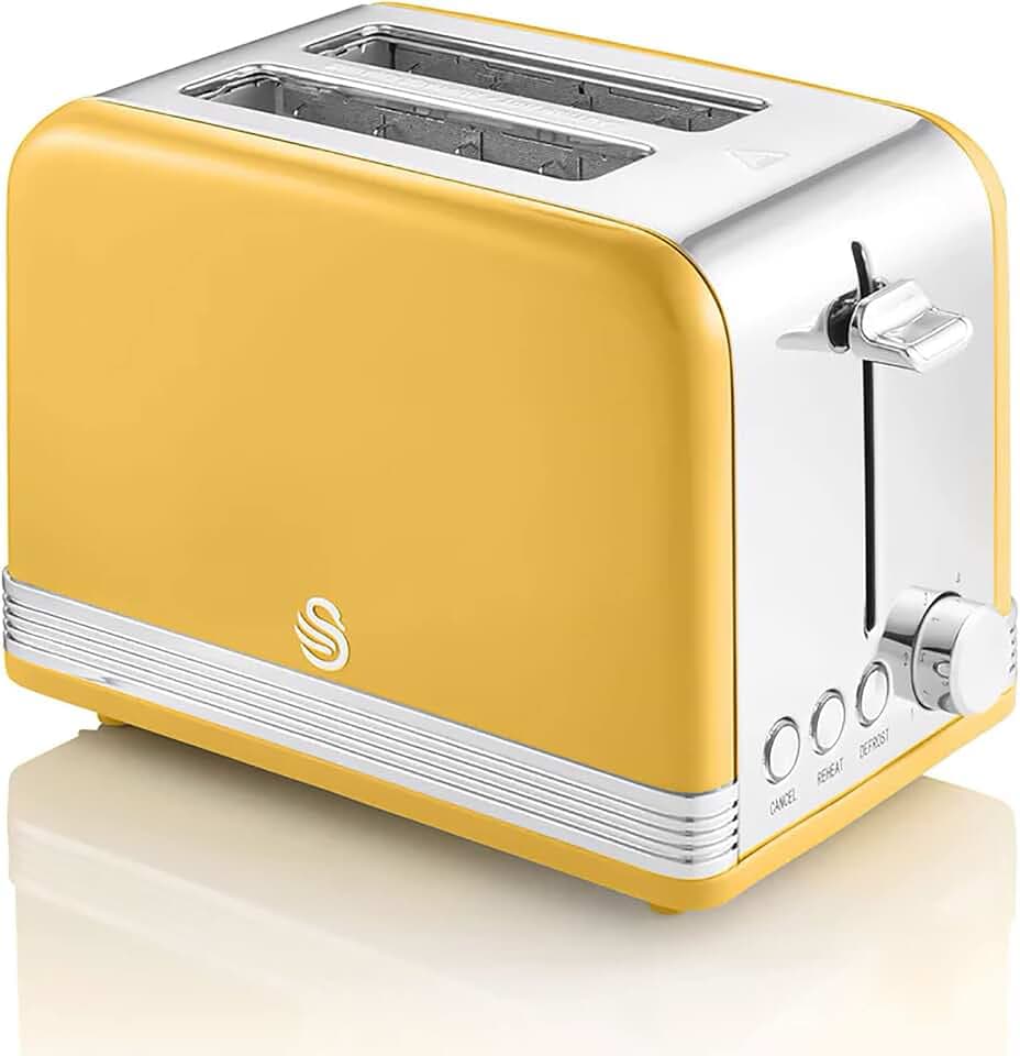 Swan Retro ST19010YELNEU 2-Scheiben-Breitschlitz-Brottoaster, Vintage Design, 3 Funktionen: Auftauen/Aufwärmen/Abbrechen, 6 Toaststufenregler, Edelstahl, Gelb, 815W