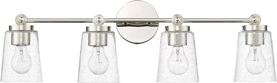 ML Lighting | Lauryn Collection | 22004-PN | 4 Light Vanity in Polished Nickel Finish with Clear Seeded Glass Shade | Versatile Design That adds High-End Texture and Elegance to Your Bathroom
