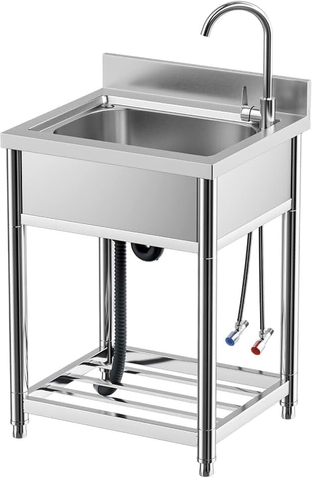 Free Standing Stainless-Steel Single Bowl Commercial Kitchen Sink w/Faucet