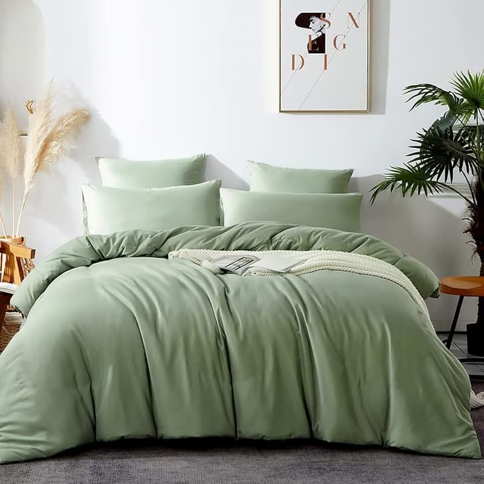 Omela Bettwäsche 135x200 Grün Salbeigrün 2 Teilig Microfaser Unifarben Bettbezug Weich und Bequem Bettwäsche Set Reißverschluss - 135 x 200 + 80 x 80 cm