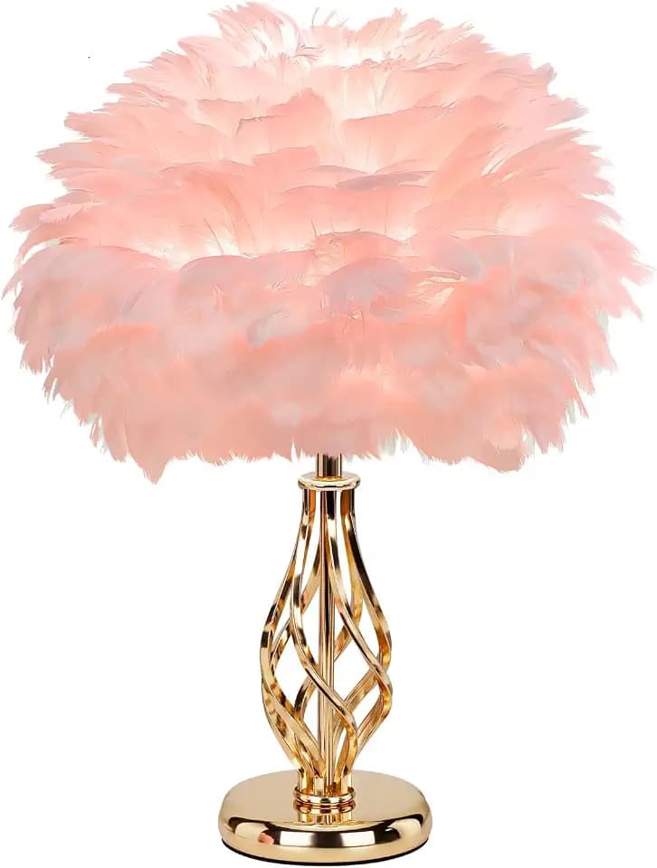 Feather Table Lamp with Unique Golden Spiral Cage Base - 3-Color Temperature Light, Perfect for Girls' Bedroom Bedside (Spiral-Pink)