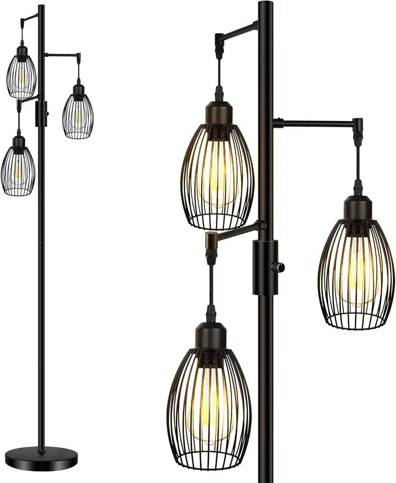 HiBay LED Stehlampe Schwarz Dimmbar Vintage Standleuchte, 3x8W 800LM E27 Glühbirne Modern, 3 Flammig Floor Lamp für Wohnzimmer,Schlafzimmer