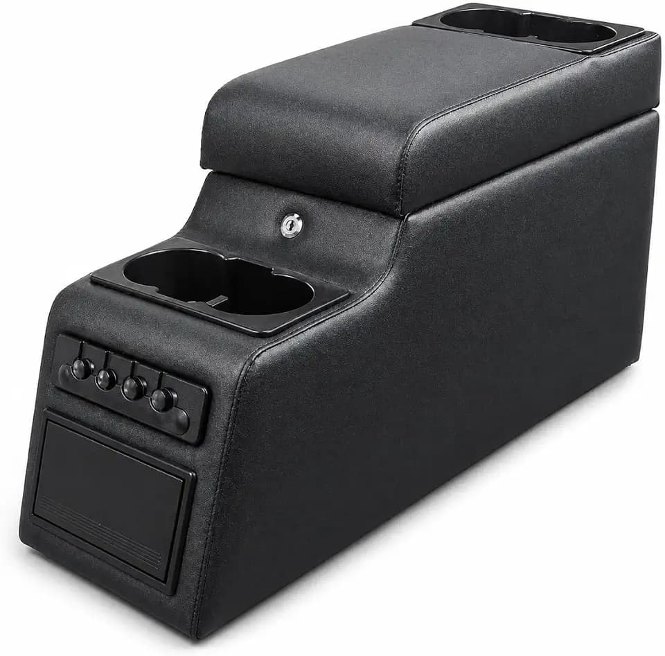 Locking Center Console Compatible with Jeep CJ5 1976-1983, CJ7 1976-1986 and Wrangler YJ 1987-1995 with Adjustable Cup Holders, Removable 6-Can Cooler, Padded Armrest and Hidden Storage, Grey