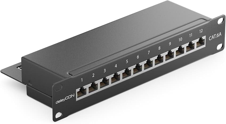 deleyCON CAT 6a Patchpanel Verteilerfeld 12 Port RJ45 - Schwarz | Desktop, 10" Zoll Rackeinbau, Servermontage, geschirmt, TIA568A TIA568B