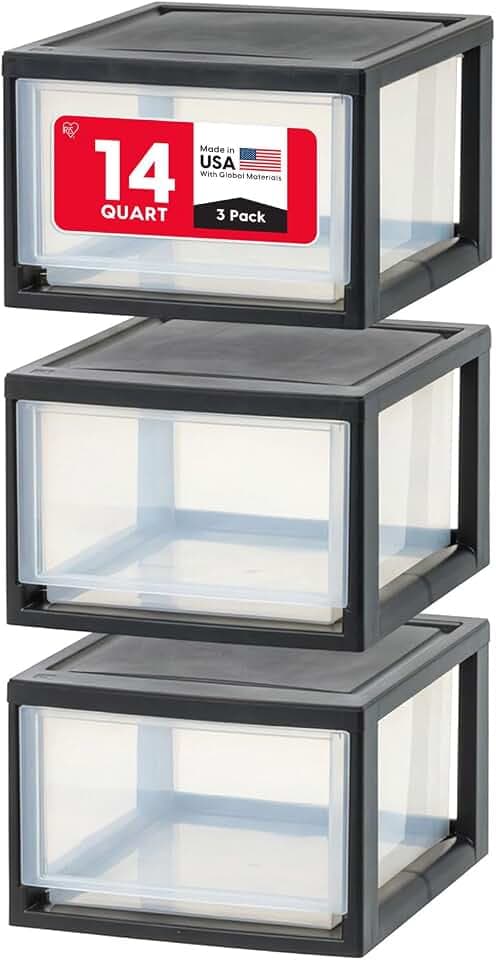 IRIS USA Plastic Storage Drawer Organizer, 14.5 Qt Stackable, 3 Pack, Black - Material